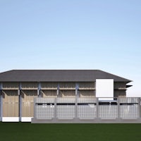 a rendering of a building with a wooden fence