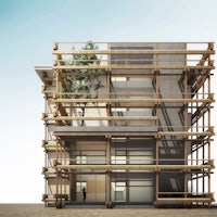 an image of a wooden house with a tree on it