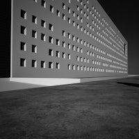 a black and white image of a building